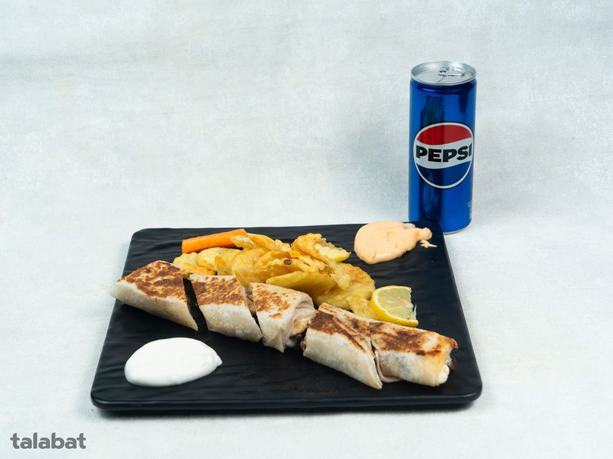 Meat shawarma meal with a soft drink